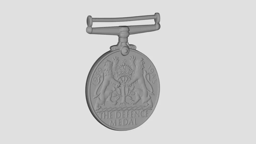 A 3D model of an engraved medal, its relief emblem and lettering intact