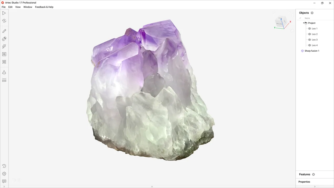A raw amethyst cluster captured in full colour and opened in Artec Studio